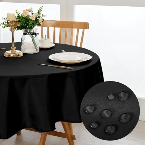 DWCN Schwarz Tischdecke Rund 160cm,Fleckschutz Abwaschbar Tischwäsche Wasserdicht Tischtuch für Esszimmer,Garten,Party,Hochzeiten oder Haushal