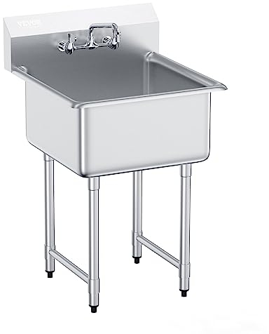 VEVOR Fregadero de acero inoxidable, fregadero de pedestal pequeño de 24,0 x 24,0 pulgadas, con grifo y patas, fregadero comercial para garaje, restaurante, cocina, lavadero