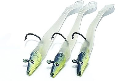 EVERBAY Soft Fishing Lures with Jig Head, Sand Eel Lure, Soft Swimbaits with Paddle Tail, Sinking Baits Saltwater/Freshwater Fishing, Fishing Jigs, Cod, Pollock, Sea Bass, 13cm/21g, 3pcs, Transparent