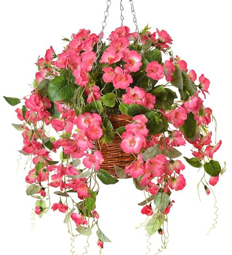 Artificial Fake Flowers Plants with Hanging Baskets for Outdoor, Faux Silk Hibiscus Flower in Pot Planter UV Resistant for Home Porch Outside Garden Yard Patio Decoration, Pink