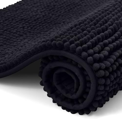 OLANLY Chenille Badematte rutschfest Badezimmerteppich Weich Badteppich Saugfähige Badvorleger Waschbar Duschvorleger für Badezimmer, 50 x 80 cm, Schwarz