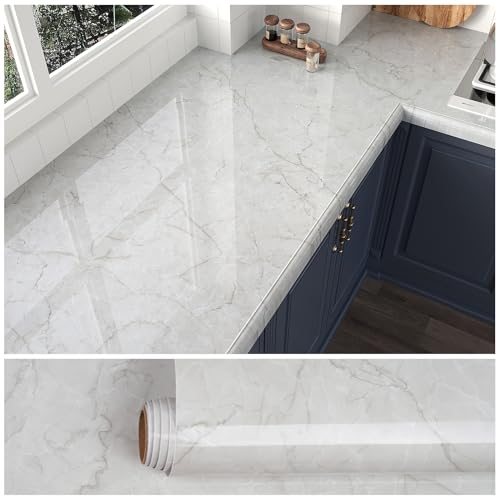 VEELIKE Light Grey Marble Wallpaper Self Adhesive Glossy Grey White Marble Vinyl Wrap for Kitchen Worktop Bathroom Counter Top Vinyl Covering Waterproof Contact Paper 40 cm × 300 cm