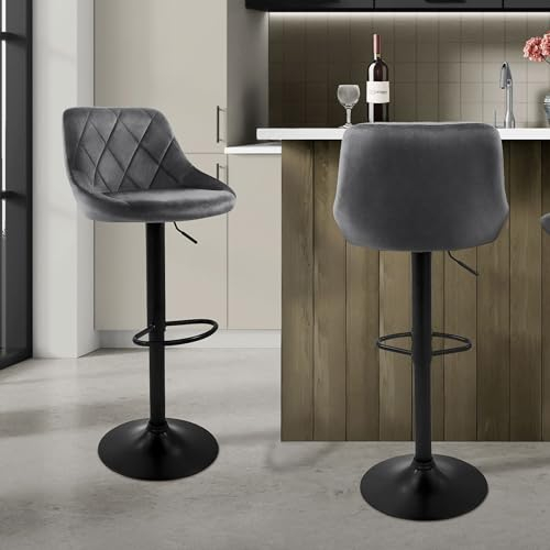 ML-Design Barhocker 2er Set, Bezug aus Samt, Grau, Gepolsterter Barstuhl mit Rückenlehne und Fußstütze, Tresenhocker höhenverstellbar 62-82 cm, 360° drehbar, Bistrohocker Hocker Drehstuhl Barstühle