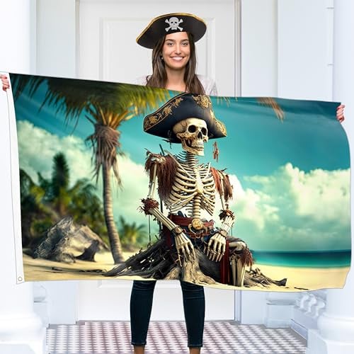 Bandera pirata – Bandera Jolly Roger con esqueleto en la playa – Bandera divertida – Poliéster 110Den – Doble costura – 2 ojales de latón, grande 5 pies x 3 pies