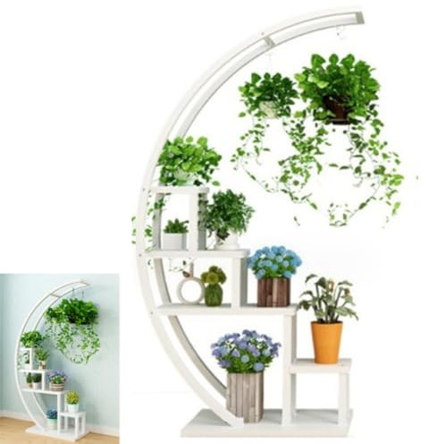 YAERLE Creative Half Moon Shape Ladder Flower Pot Stand Rack,5 Tier Metal Plant Stand, Tall Half Moon Plant Stands, Heart Shape Flower Pot Shelves For Home Balcony Patio Decor ( Color : White )