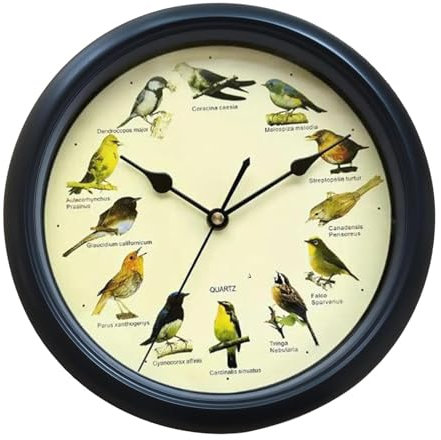predolo Musikalische Vögel-Wanduhr mit Klang, batteriebetrieben, Raumdekoration für Outdoor-Enthusiasten, Schwarz 25cm