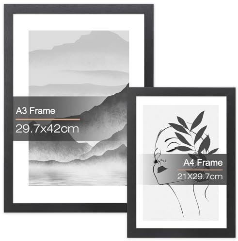 ddLUCK Lot de 2 Cadre Photo A4 Table (21 x 29,7 cm) | A3 (29,7 x 42 cm) Murale Poster Cadres Bois Couvercle avec Passe Partout, Pour Décoration Photos Portraits Affiche Diplome Certificat (Noir)