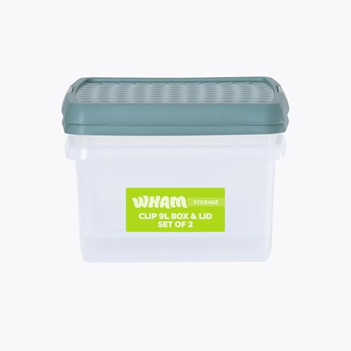 Wham Clip 2 x 9L Square Stackable Plastic Storage Boxes with Lids | Ideal for Home, Office, Toys & More | Storage Containers with Clip Locks | Made in UK - Clear/Green Milieu