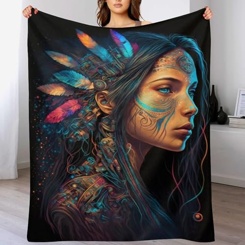 PAZZK Prinzessin der amerikanischen Ureinwohner Blanket Weiche Flannel Fleece Decke Für Kinder Und Erwachsener, Vier Jahreszeiten Wohndecke Für Bett/Couch(180×200cm)