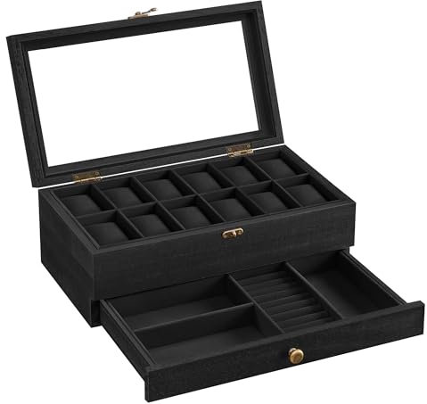 SONGMICS JOW012B02 Boîte à montres avec 12 emplacements, boîtier de montre en bois à 2 niveaux avec grand couvercle en verre, coussins de montre, doublure en velours, boîte à bijoux, Noir encre