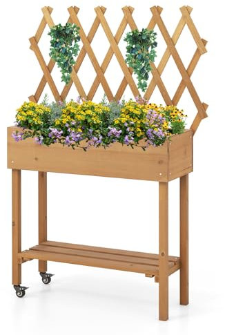GOPLUS Jardinière Surélevée en Bois avec Treillis, Carré Potager sur Pieds avec Roues, Étagère Inférieure pour Fleurs, Légumes, Herbes, 90x29x129cm
