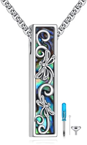 CUPENDA Urn Necklaces for Ashes 925 Sterling Silver Dragonfly Abalone Shell 3D Bar Cremation Jewellery for Ashes Memory Jewellery for Women Men