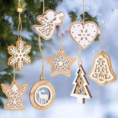 DERAYEE 8PCS Holz Weihnachtsbaum Deko,Weihnachtsbaumschmuck Ornament Weihnachtsdeko aus Holz Geschenkanhänger Christbaumschmuck