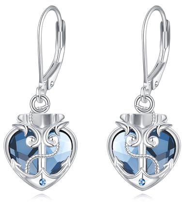 Anker Ohrringe 925 Sterling Silber Herz Blauer Kristall Tropfen Ohrringe Nautische Themen Schmuck Geschenke für Damen (Aquamarin)