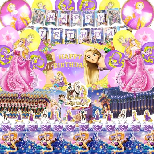 Kit Deco Anniversaire Raiponce - 80 Pcs Ballon Helium, Toile De Fond, Nappe et Vaisselle - Decoration Fête