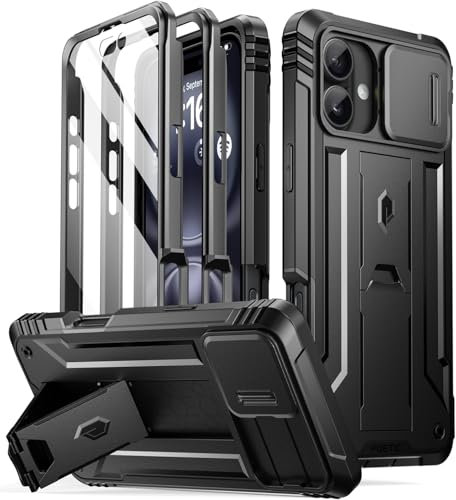 Poetic Revolution Case for iPhone 16 6.1 inch, [Slide Camera Cover], Full-Body Military Grade Rugged Shockproof Cover with Kickstand and Built-in-Screen Protector, Black
