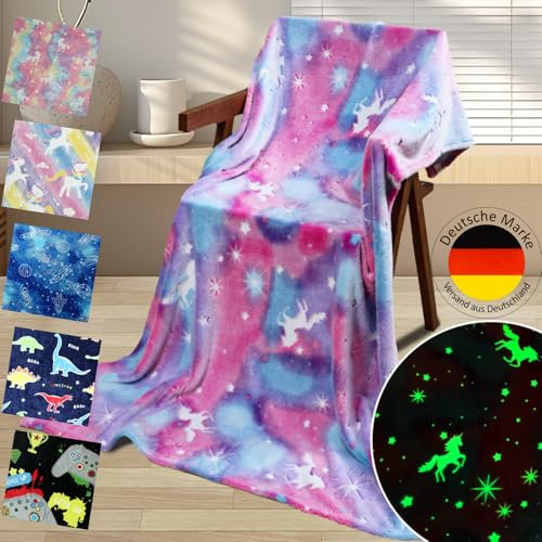Emilie-Textil Flauschige Kinderdecke, Kuscheldecke mit leuchtenden Motiven wie Einhorn, Dino, Weltraum und Gaming - Weiche Fleecedecke für Mädchen und Jungen, (Lila Einhorn, 150X130)