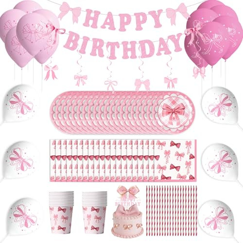 Geburtstag Deko Geburtstagsdeko mit Partygeschirr Pink Bow Partygeschirr Set Party Set mit Pastell Becher Servietten Pappteller Geburtstag Mädchen Geburtstagsdeko für Party