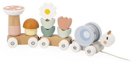 Janod - Train en Bois à Tirer Escargot - 2 Wagons et 10 Pièces Dont Hochet Amovible - Jouet d'éveil à Tirer - Bois FSC et Peinture à l'eau - Développer la Motricité Fine - Dès 12 Mois, J04010