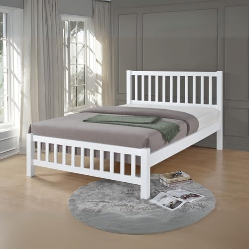 Reinforced Beds BANHAM BED – Heavy Duty Rubberwood, Solid Wooden Bed Frame, Shaker Style Design, 22mm Thick Slats (White, Single)