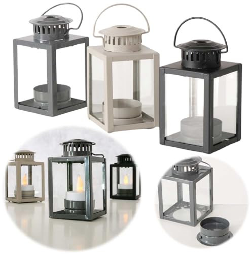 LS-LebenStil Vintage Laterne Windlicht 3´er Set 10cm Metall Grau kleine Teelichthalter für Teelicht/Stumpenkerze Kerzenhalter Gartenlaterne Kerzen zum Hängen Deko