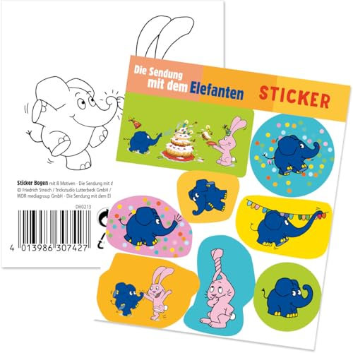 8-tlg. Aufkleber-Set * DIE SENDUNG MIT DEM ELEFANTEN * als Mitgebsel oder Geschenk | Maus Elefant Lach- und Sachgeschichten Bilder Kinder Kindergeburtstag Geburtstag Basteln