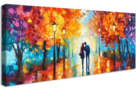 Cadre en Bois Impression sur Toile Couple Marchant Dans le Parc Peinture Poster Mural Paysage Abstrait Image sur Toile Jaune Orange et Violet Grande Tableau Decoration Murale Salon Chambre 50x120cm