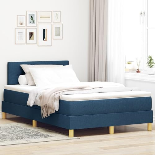 vidaXL Boxspringbett mit Matratze Blau Polsterung 120X200 cm Modernes Design Stoff für Erwachsene Stabile Holzbeine Einfache Montage und bequemer Topper mit Knopf-gemustertem Kopfteil Atmungsaktiv