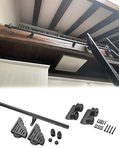 ENHEN Black Library Ladder Hardware Kit 2Ft 4ft 8ft 12foot 16ft 10ft, Rolling Ladder Hanging Track with Bottom Brake Roller, Home Loft Ladder Wheels Kits(2ft)