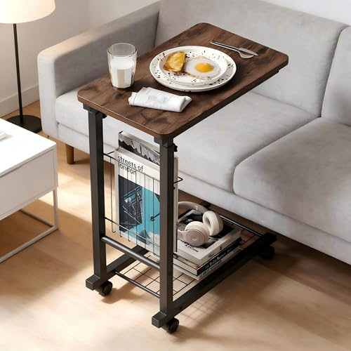 Warmiehomy Side Table C-Shaped Adjustable Height, 30x50x80cm,Rustic Brown | Sofa Table Narrow End Tables with Mesh Storage Shelf Bedside Tables with 4 Wheels for Living Room,Bedroom,Small Space,Office