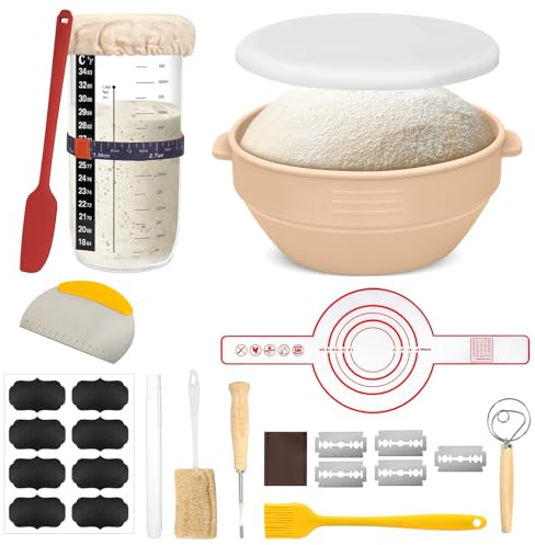 RAIN QUEEN Silicone Bread Proofing Basket Set (Beige, Round) | Sourdough Starter Set, Including Various Accessories Needed for Bread-making and a set of Glass Airtight Yeast Jars