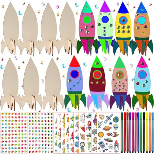 236PCS Raketen Spielzeug für Kinder, Holz-Basteln & DIY, Basteln Kindergeburtstag, Weltraum Kindergeburtstag, Holz Bastelset Kinder mit 30 Holzstücken, 192 Strasssteine, 12 Stifte und 2 Aufkleber