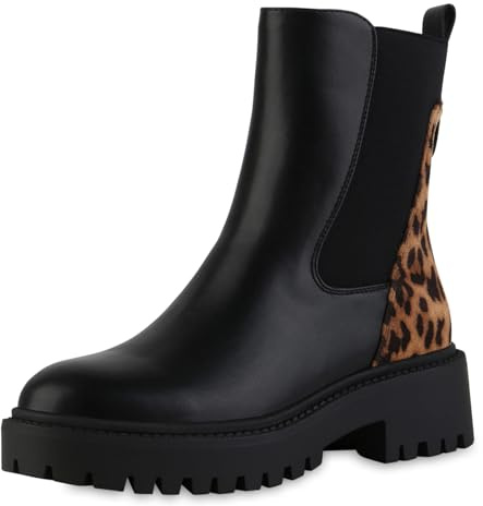 VAN HILL Damen Klassische Stiefeletten Blockabsatz Lack Trendy Schuhe 217680 Schwarz Leopard 39