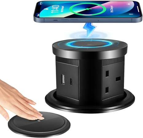 Neulriscn Pop Up Socket with Wireless Charger, Pop Up Socket for Kitchen Worktops, 3 Outlets, 1 USB-A, 1 USB-C, 15W Wireless Charging, Automatic Recessed Power Sockets for Office Countertops (Black)
