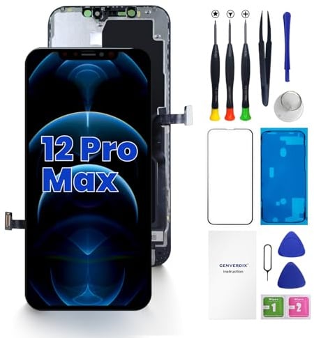 Genverdix for iPhone 12 Pro Max Screen Replacement, 6.7 ’’ 3D Touch FHD Display Digitizer Repair kit Fully Compatible with Face ID, High Contrast and Sharp Detail, Easy Installation