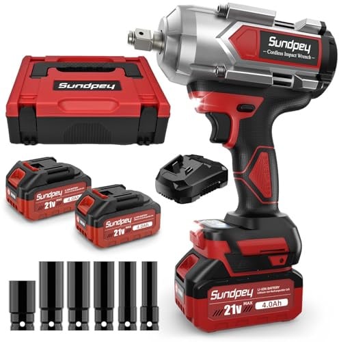 Sundpey Avvitatore ad Impulsi a Batteria 1200 Nm, Avvitatore ad Impulsi 1/2 con 2 Batterie 4.0Ah, 6 Bussoli per Avvitare e Svitare, Avvitatore a Percussione per Auto/Cantiere/Camion