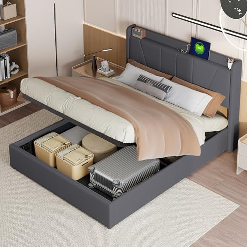 BRYXR Polsterbett 160x200 mit Stauraum, Doppelbett mit USB und kopfteil, Hydraulisch Stauraumbett, Bettgestell mit Lattenrost, Jugendbett Funktionsbett, Grau Leinen, Ohne Matratze