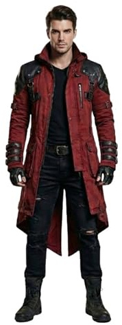 Fancyd Men's Red Cotton Gothic Trench Coat - Hooded Steampunk Warrior Jacket