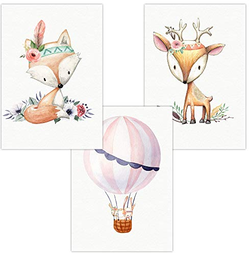 Olgs Kinderzimmer Bilder | Wandposter Deko Cute Boho Premium | Poster 3er Set Wandbilder DIN A4 | Design Tiere Fuchs, Reh, Heißluftballon, Blumen