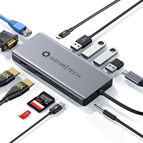 Hub USB C a doppio schermo HDMI VGA triplo adattatore multiporta Dongle Gigabit Ethernet 13-in-1 per MacBook Pro Air e laptop USB C, USB C 100 W di ricarica e dati, audio, SD/Micro SD, 3x USB 3