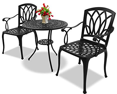Homeology POSITANO Garden & Patio Table & 2 Large Chairs with Armrests Cast Aluminium Bistro Set - Black