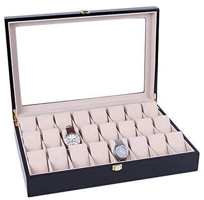24 Fächer, Holzkiste, Uhrenschatulle für Männer und Frauen, Glasoberfläche, Schmuckaufbewahrung, Organizer, Aufbewahrung, Geschenke, (42,4 x 29 x 8 cm, schwarz)