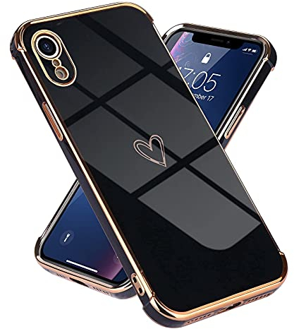 Micoden for iPhone XR Case Cute Girls Silicone Heart Pattern Design Case Fashion Plating Edge Ultra Thin Shockproof Protective Bumper Phone Case for iPhone XR Black