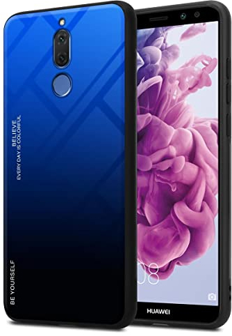 Cadorabo Estuche Compatible con Huawei Mate 10 Lite en Azul - Nero - Funda Protectora Bicolor Fabricada en Silicona TPU y Parte Trasera de Cristal Templado