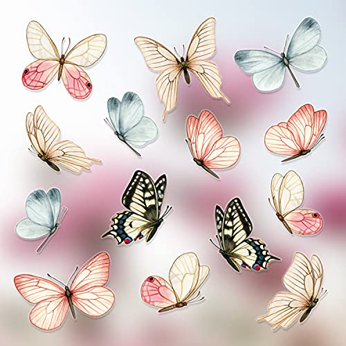 14 Schmetterling fensterbilder selbstklebend - Schöne Aquarellfarbe Schmetterling fenstersticker, doppelseitig zum Schutz vor Vogelkollisionen - Aufkleber für Glastüren und Fenster