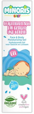 Minoris Baby Feuchtigkeitsgel für Gesicht & Körper 200 ml  – Bio & Vegan, pH 5,5, Dermatologisch getestet, Hypoallergen, Rosenwasser Aloe Vera Kamille Calendula, leicht & nicht fettend