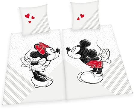 Herding Mickey & Minnie Mouse Partnerbettwäsche-Set, 2 x Kopfkissenbezug 80 x 80 cm, 2 x Bettbezug 135 x 200 cm, Mit leichtläufigem Reißverschluss, 100% Baumwolle/Renforcé