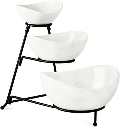 Gomakren Cuenco ovalado de 3 niveles con estante de metal plegable, juego de servir patatas fritas y salsas, aperitivos de postre, dulces, frutas, verduras, cuencos de servir de Halloween para