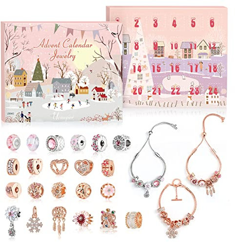 Ucouper Adventskalender Schmuck mit 3 verstellbaren Armbändern 22 Charm Beads für Mädchen Frauen Weihnachtskalender Weihnachts Geschenk DIY