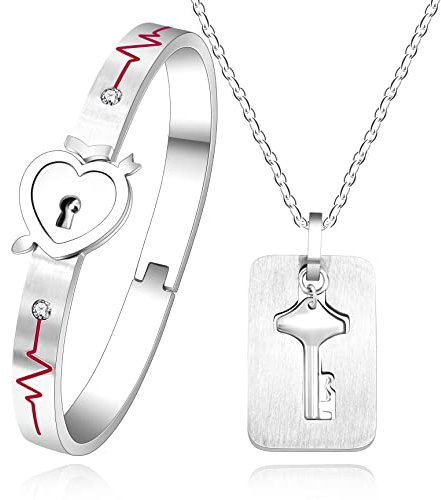 Uloveido Shield Key Pendant Necklace and Lock Bracelet for Girls Boys Couple Necklace Bracelet Men and Women Anniversary Birthday Gift, You Hold the Key to My Heart Y473/Y474 (Y1892-White)